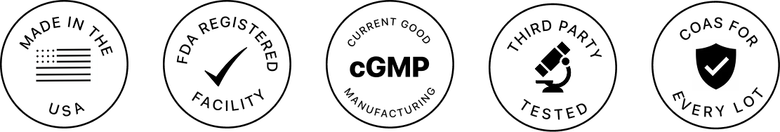 Made in USA, FDA Registered, cGMP, Third Party Tested, COAs for Every Lot